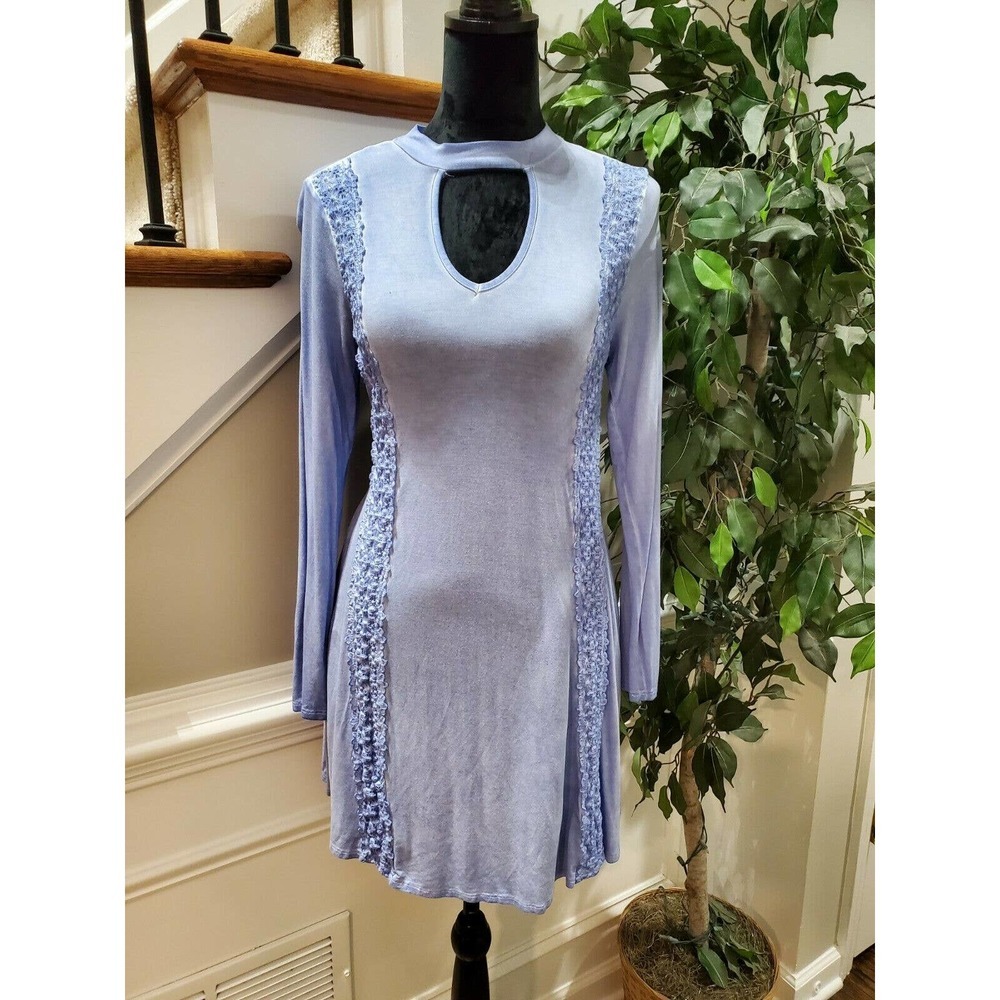 Women's Light Blue Solid Rayon Long Sleeve Mock Neck Casual Knee Length Dress XS